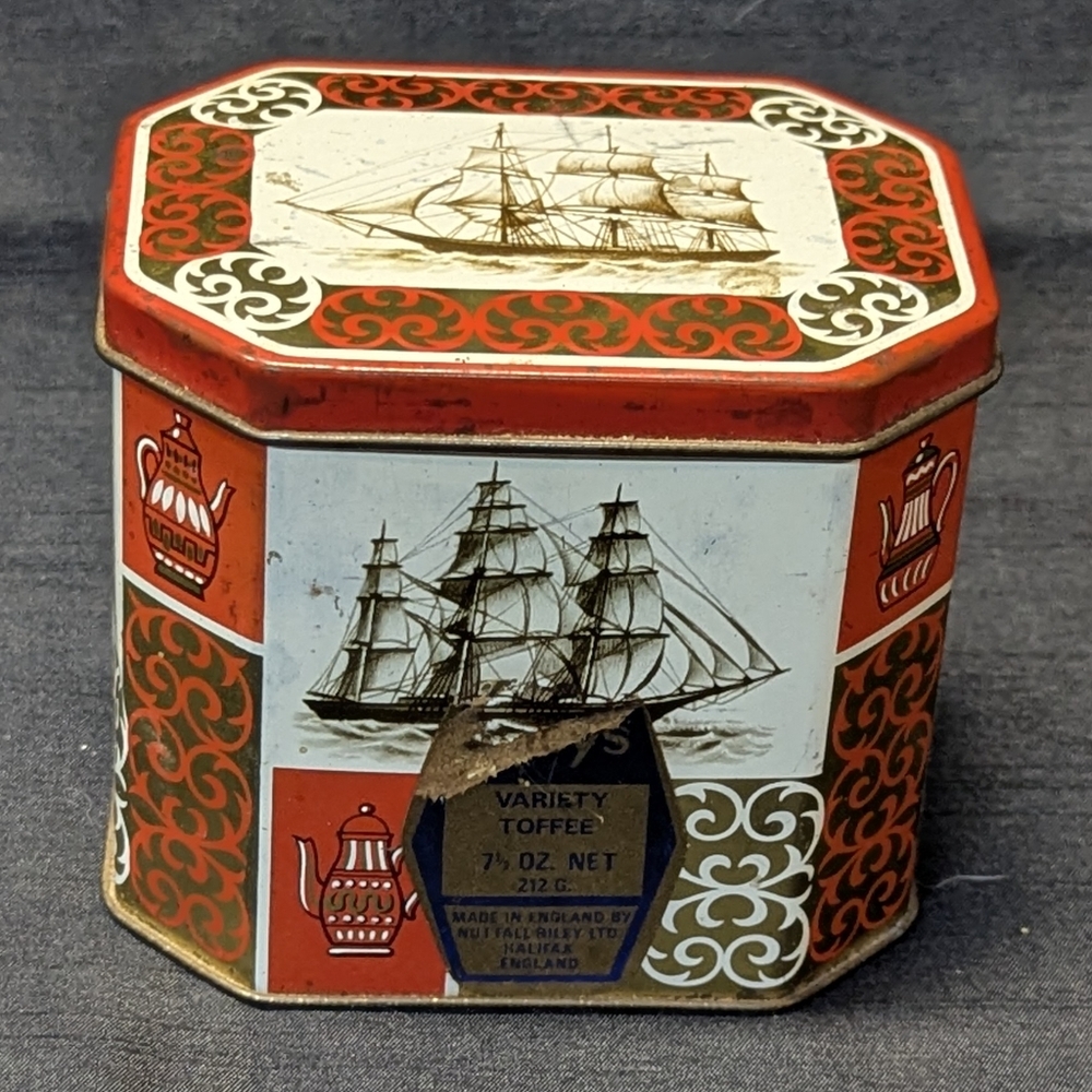 3 for $30 Vintage Toffee tin, red and white with schooner